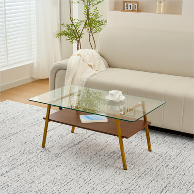 Table basse rectangulaire de 38 pouces, luxe compact en verre trempé transparent avec pieds en métal doré, centre de table de salon moderne