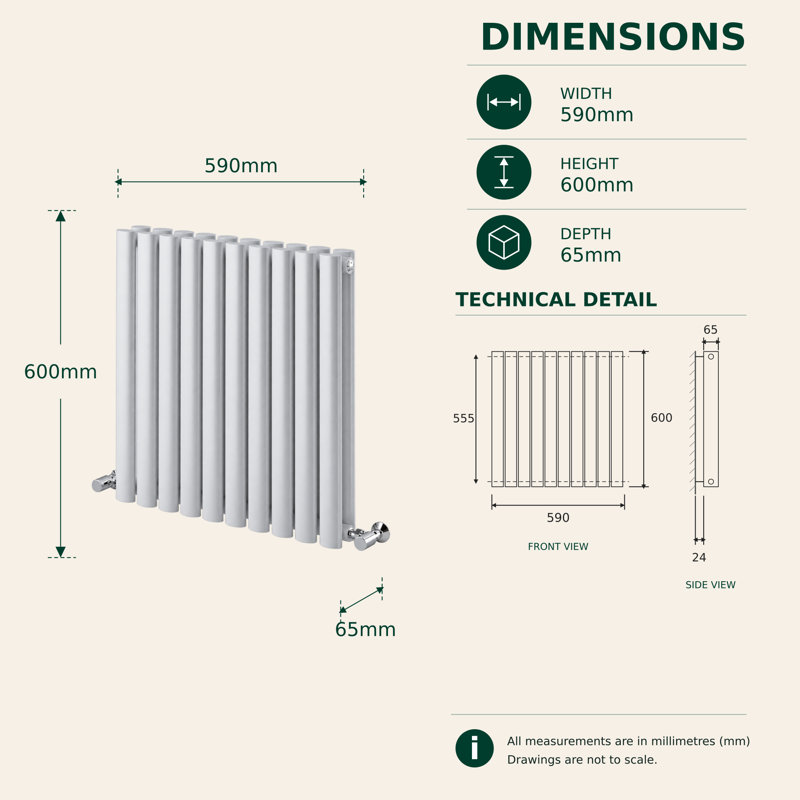  Horizontal Oval Panel Radiators, 600mm H x 590mm W, White