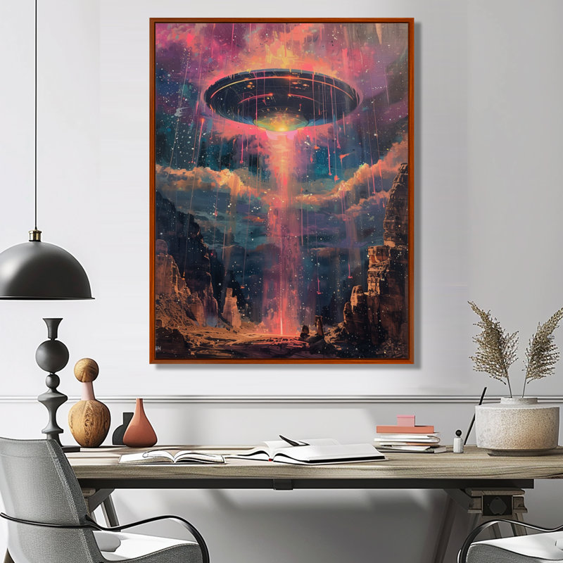 Rose et bleu interstellaire Ufos II - impression d'art mural Ufos, H 24 po x l 32 po, Cadre flottant brun, bois massif