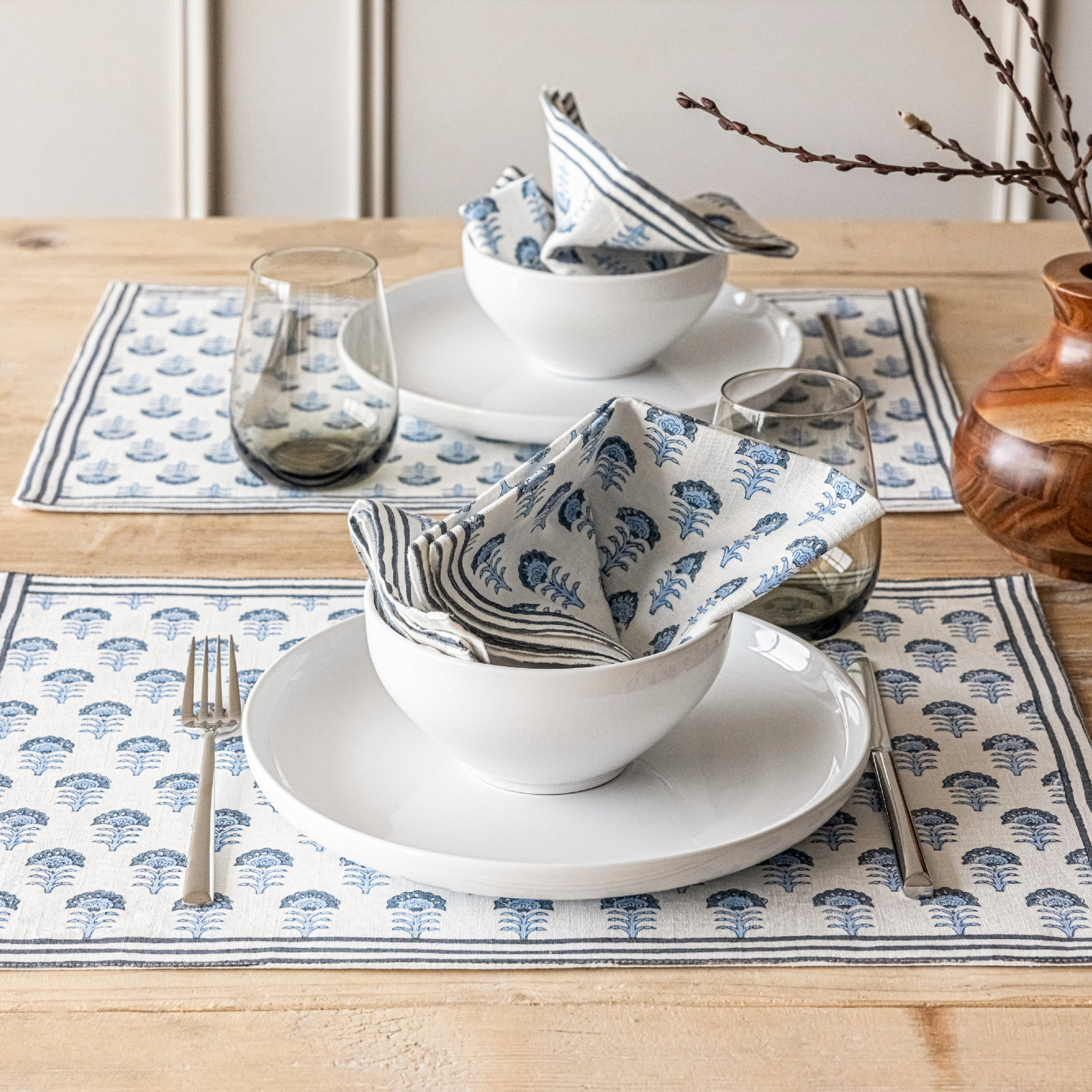Hand-Blocked Cotton Placemat, Blue Flower