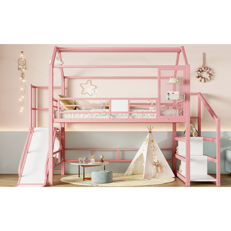 Lit double mezzanine rose avec glissade, structure, bruit et tablettes de rangement pour les escaliers en métal améliorant la chambre à coucher