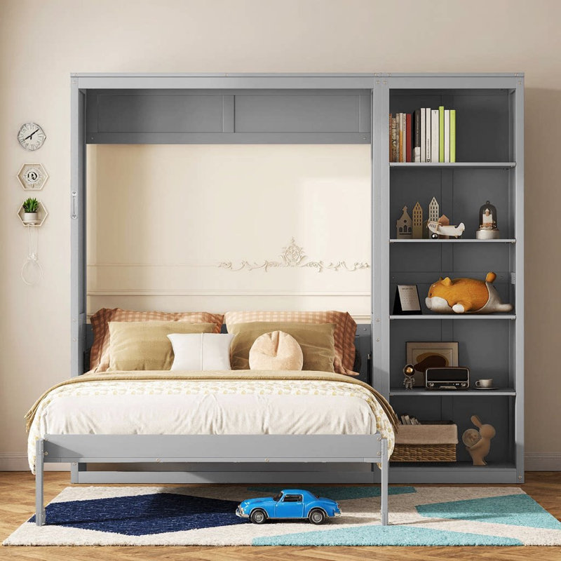 Grand lit escamotable mural avec tablettes personnalisables modernes - Solution de rêve peu encombrante, Gris