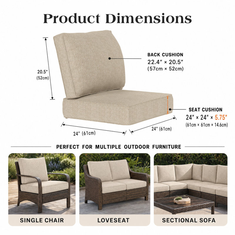 Ensemble de coussins d'extérieur à assise profonde avec coussins de siège et de dossier, coussins de remplacement résistants aux intempéries pour meubles de patio