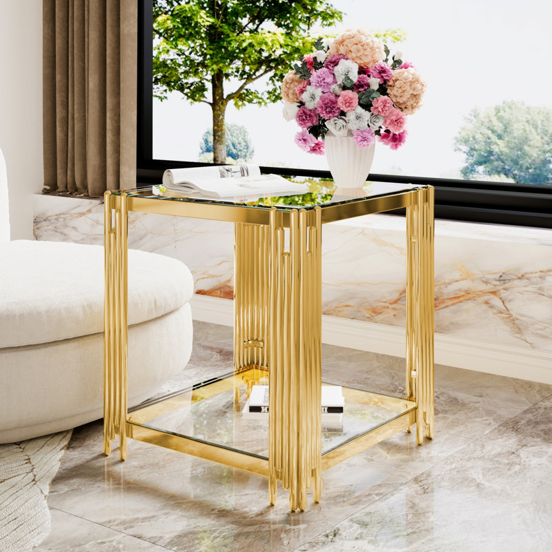 End Table With Square Top And Shelf For Living Room, Transparent