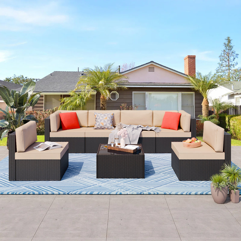 Arleht 7-Piece Wicker / Rattan Outdoor Sectional Seating Group with Cushions, Beige