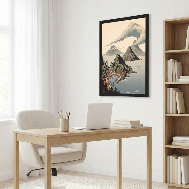 Art sur toile style village de côtes et montagnes volcaniques, H 18 po x l 24 po