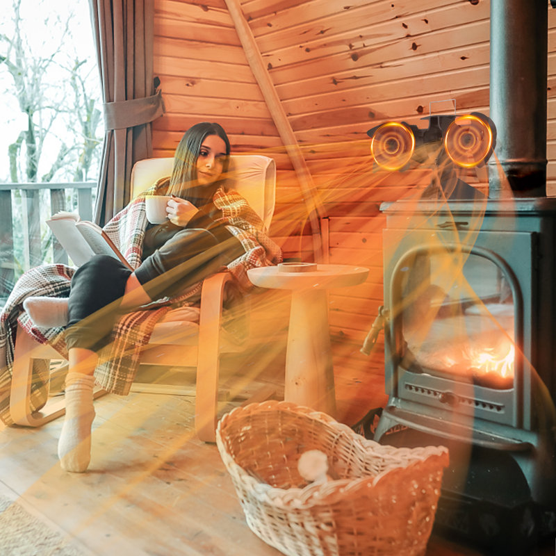 Dual-Head Stove Fan with 8-Blade Heat Powered Log Burners Fan Wood Burner Fan 25dB Quiet Operation without Electricity 60-340°C(140–644°F) Range for Wood, Fireplace Stoves