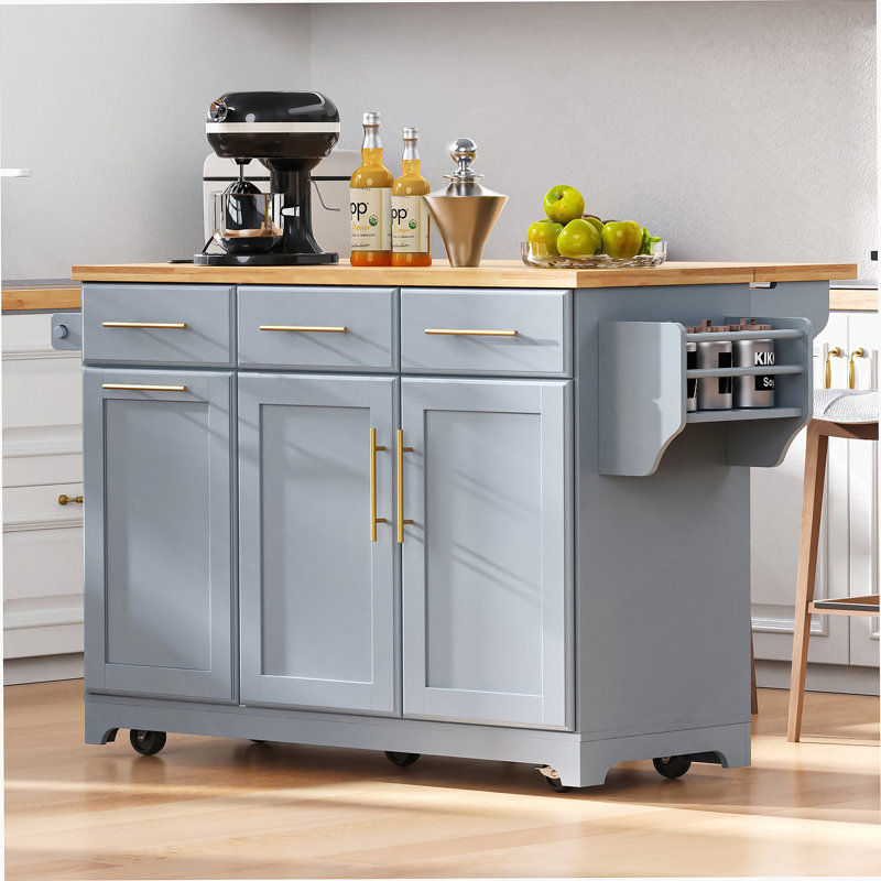Îlot de cuisine 59,3 po avec 2 armoires coulissantes et rallonge en bois d'hévéa, îlot de cuisine roulant avec rangement pour poubelle, prise de courant, support à épices et à serviettes pour la cuisine, la salle à manger, gris-bleu