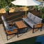 Ensemble de conversation extérieur 5 personnes avec structure en bois massif et acier, ensemble de mobilier de patio comprenant un canapé 3 places, 2 chaises et une table basse, coussins gris amovibles-738006452