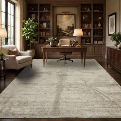Tapis tissé à la main 8 pi 3 po x 9 pi 11 po en laine de bambou beige et gris Oushak