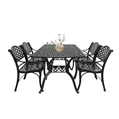 Ensemble de salle à manger 5 pièces pour patio, table de salle à manger d'extérieur avec 4 chaises, ensemble de salle à manger d'extérieur en fonte d'aluminium, ensemble de table de patio avec trou de parasol 1,97 po pour jardin et porche, noir