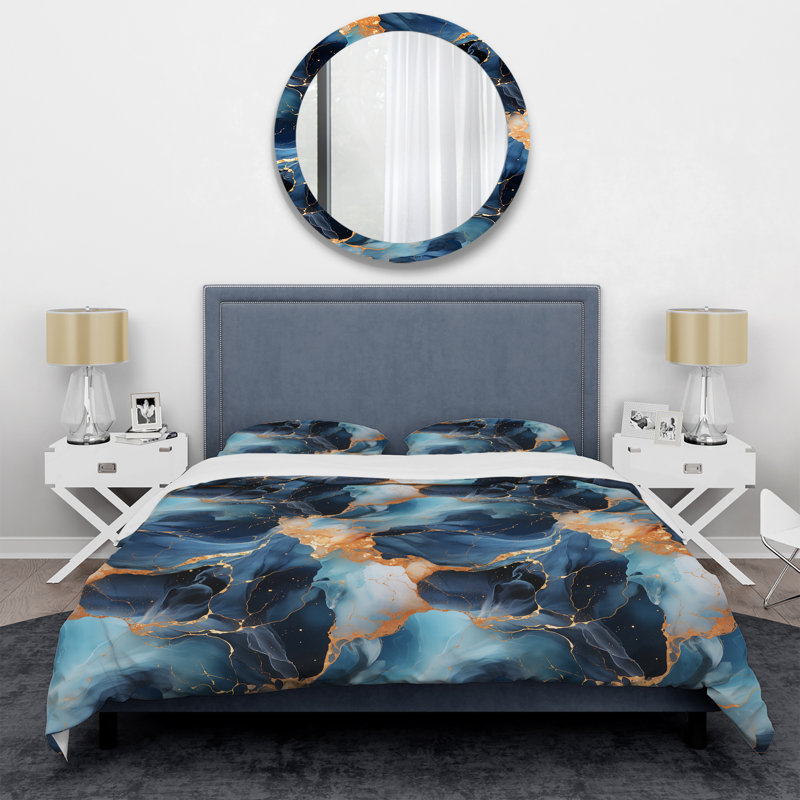 Literie en marbre bleu et doré, Housse de couette pour très grand lit et 2 très