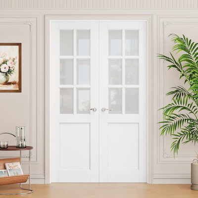6-Lite Frosted Glass French Doors Interior White Primed Solid Core Pantry Door With Jamb / Handles