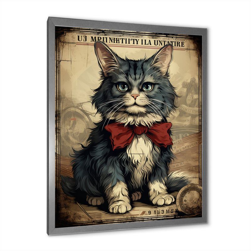 Illustration d'un chat avec un arc rouge, Cadre simple argenté, H 20 po x l 12 po x P 1 po