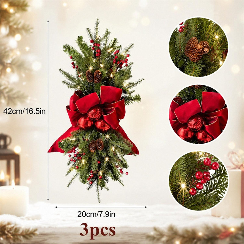 Décoration de Noël artificielle pré-illuminée en forme de larme (3 pièces) pour porte d'entrée, avec nœud rouge, baies et pommes de pin.