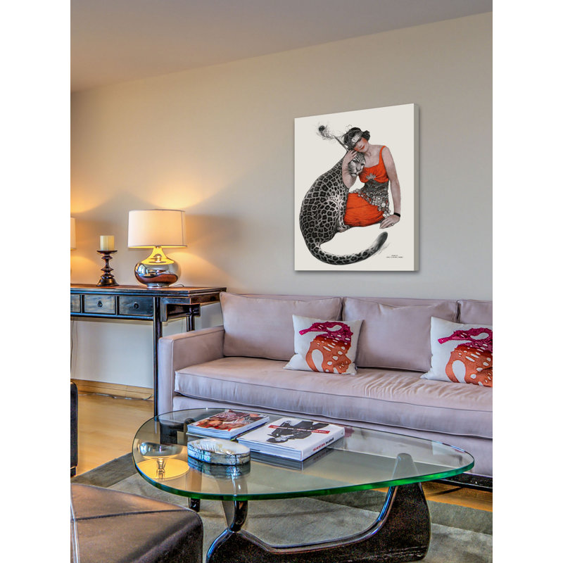 Lady and Leopard Print on Wrapped Canvas, 39" H x 30" W