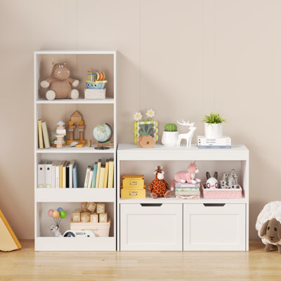 Kids Toy Storage Cabinet with Open Shelf & 2 Storage Drawers, Wooden Children Bookcase Toy Organizer for Playroom, Nursery, Kids Bedroom by Rebrilliant
