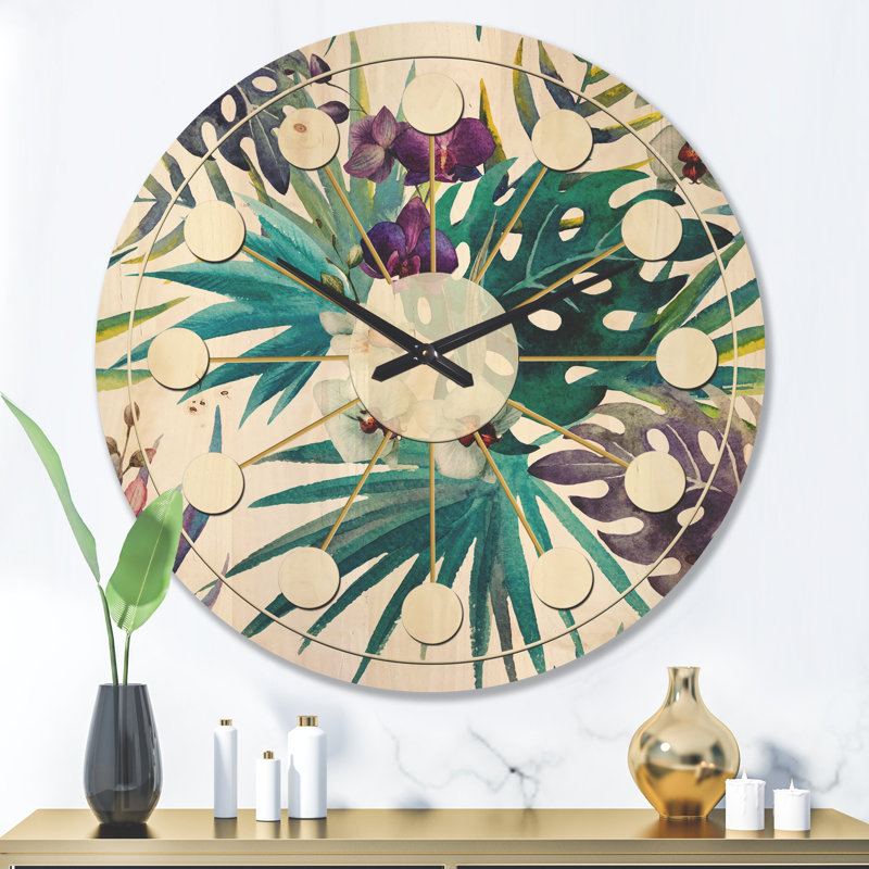 Horloge murale en bois Floral Botanical Design II, Grand