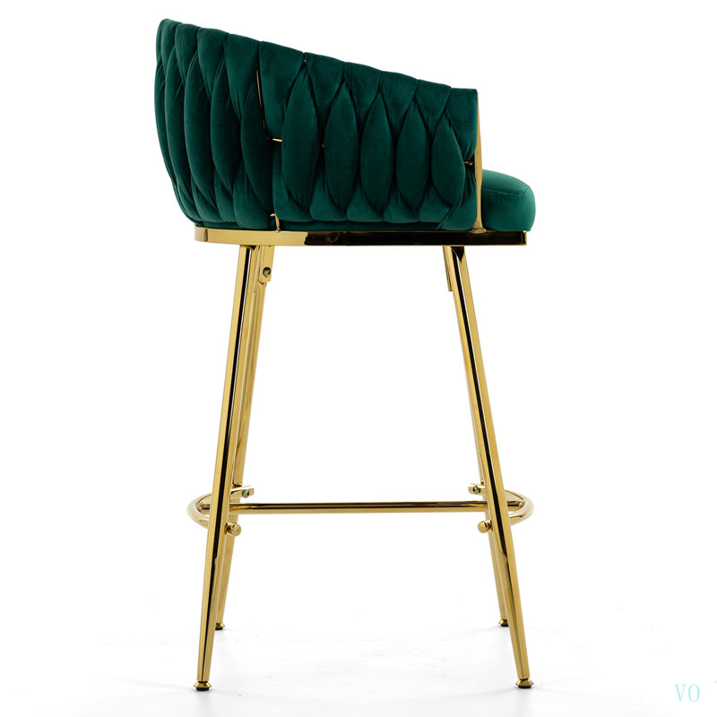 Tabouret de bar 26 po à hauteur de comptoir en velours pour îlot de cuisine avec dossier ondulé à la main (ensemble de 2), base et repose-pieds