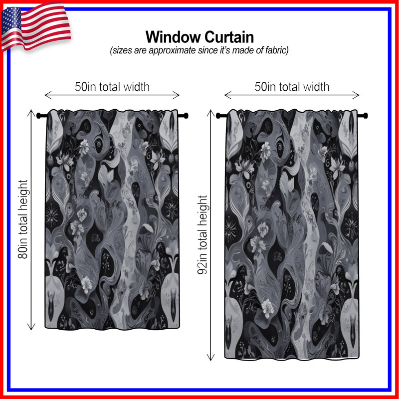 Rideaux de fenêtre à motif floral noir et blanc, voilages et voilages à motif floral - 1 panneau, 50 po x 80 po - 1 panneau