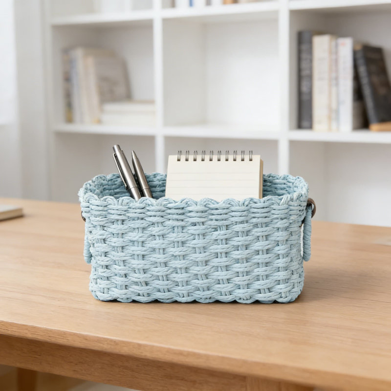 Handwoven Storage Baskets Set Of 3, Eco-Friendly Recycled Paper Rope Organizer Bins With Vegan Leather Trim For Shelves, Bathroom, Desk, And Home Decor