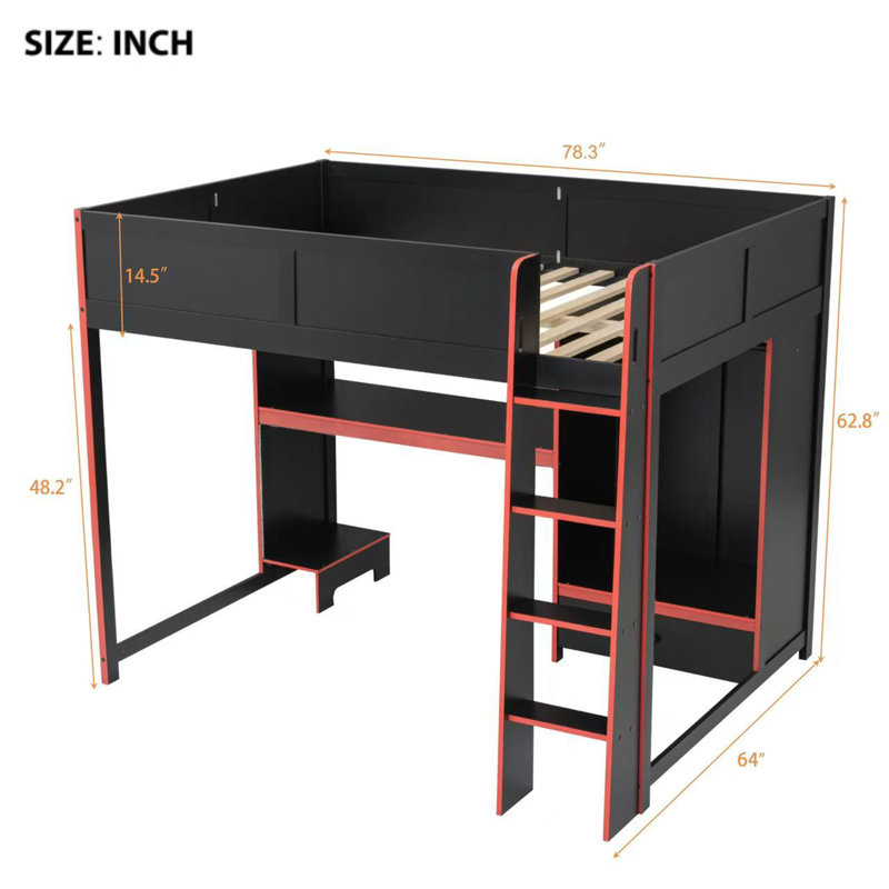 Lit mezzanine double en bois avec DEL et bureau, Lit double
