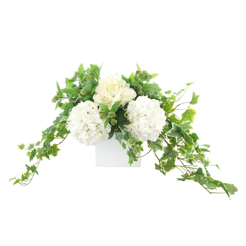 Hydrangeas and Ivy in Square Fiberstone Pot