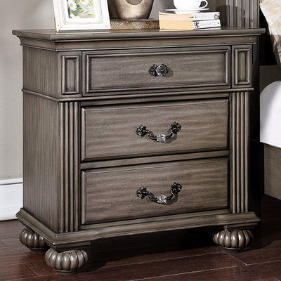 Traditional Gray Bedroom Nightstand With Solid Wood, 3 Drawers, And Bearing Glides Acrylic Accent Bronze Drop Hanging Pulls For Beauty Metal