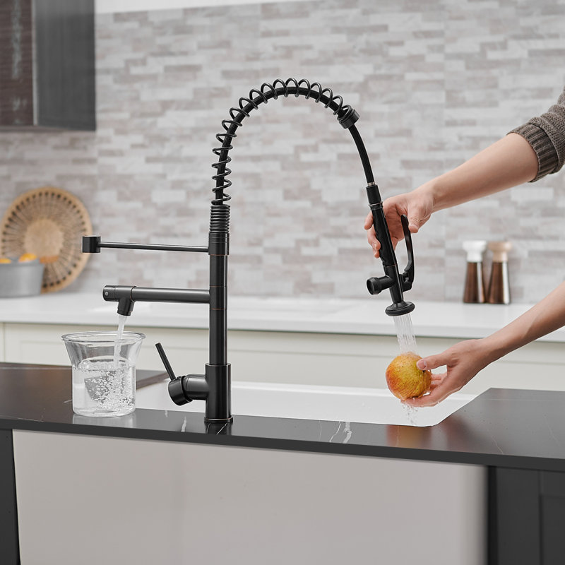 Robinet de cuisine commercial avec douchette rétractable et poignée simple, Bronze huilé, bronze