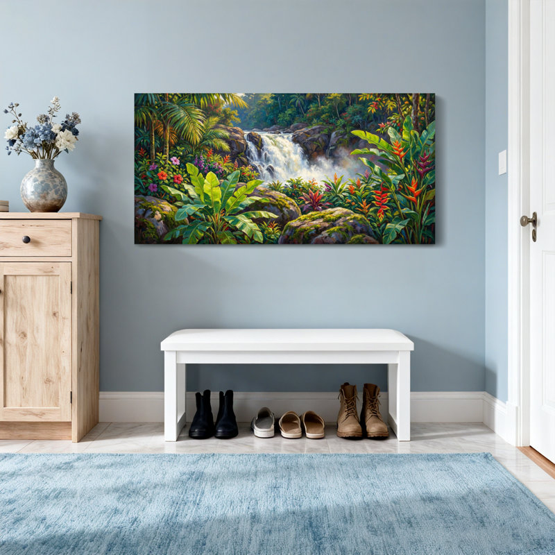 Scène tropicale, paysage urbain et paysage urbain, H 28 po x l 58 po