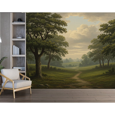 «Forest Tree», peinture murale paysage de bouleaux et de pins dans le brouillard, art mural rétro olive foncé, déco nature luxueuse tranquille 238DRE