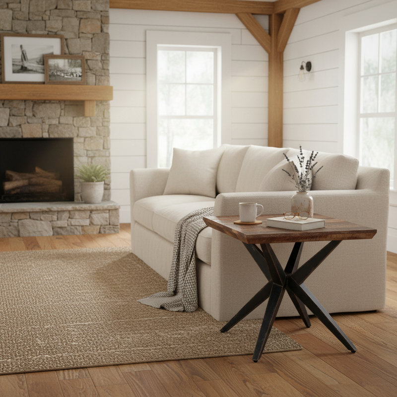 Table de bout Faunia en bois d'acajou récupéré avec base en acier noir 