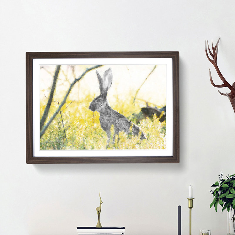Alert Hare In The Meadow - Single Picture Frame Painting on MDF, Walnut Framed, 48cm H x 65cm W x 2cm D