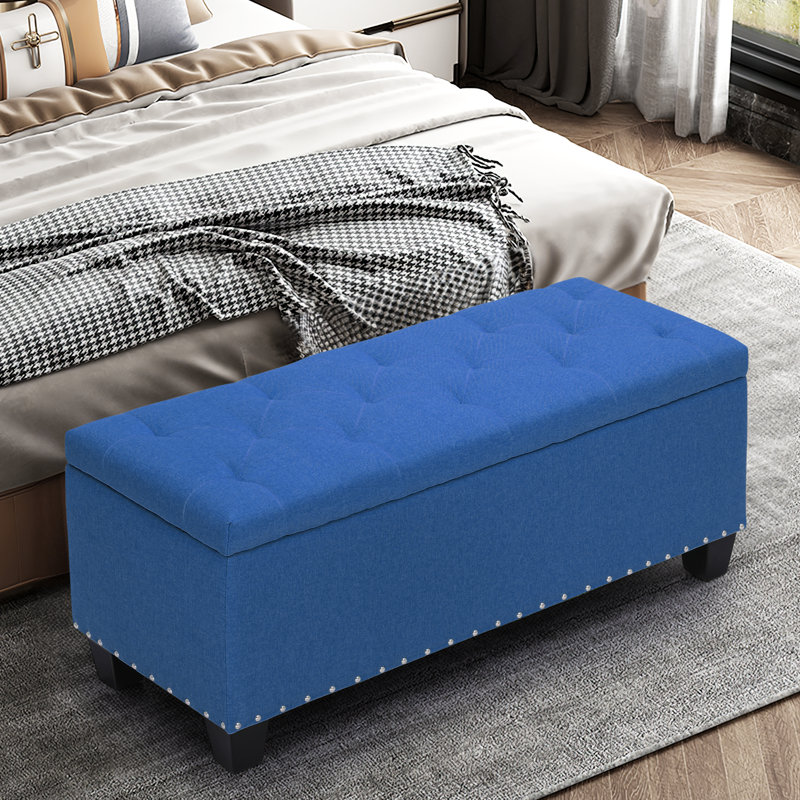 42" Upholstered Ottoman Bench, Button Tufted End of Bed Footrest Footstool for Bedroom Living Room, Navy Blue 