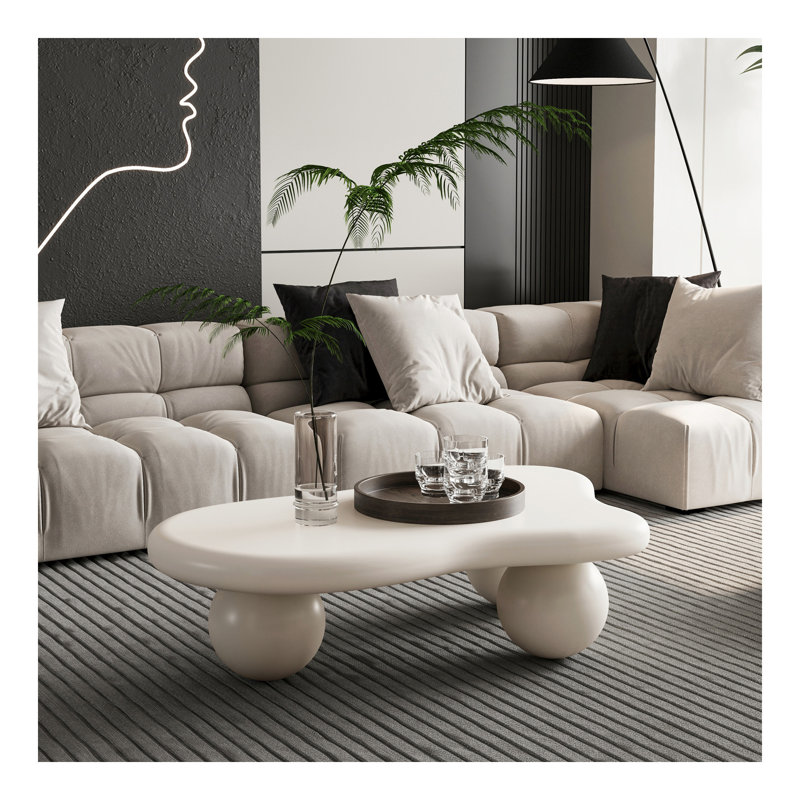Table basse de 40 pouces en forme de nuage avec 3 pieds sphériques pour le salon, blanc crème, Blanc, crème, Blanc, crème