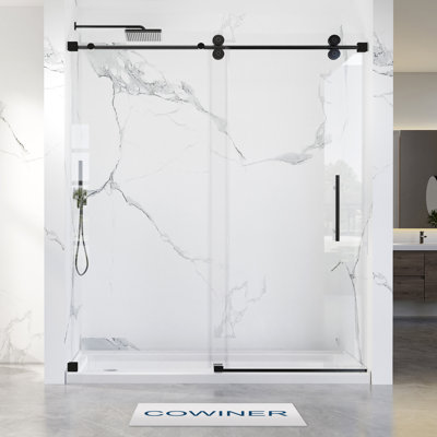 Porte de douche coulissante simple sans cadre de 66 à 72 po x H 76 po en noir mat avec verre trempé transparent de 8 10 mm 3/ de 3/8 po