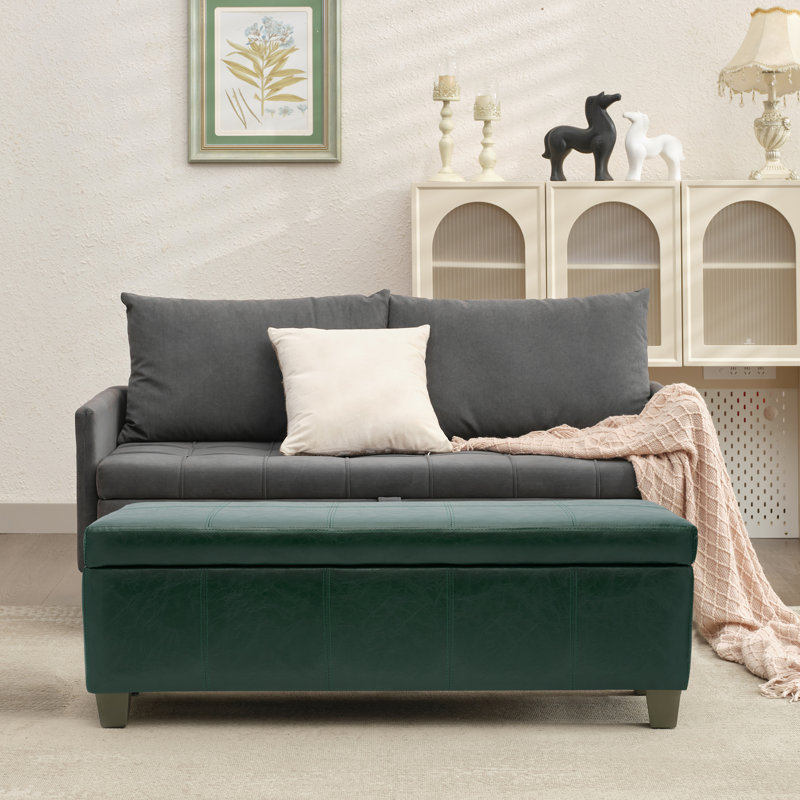 51 Inch Faux Leather Rectangle Large Storage Ottoman, Green