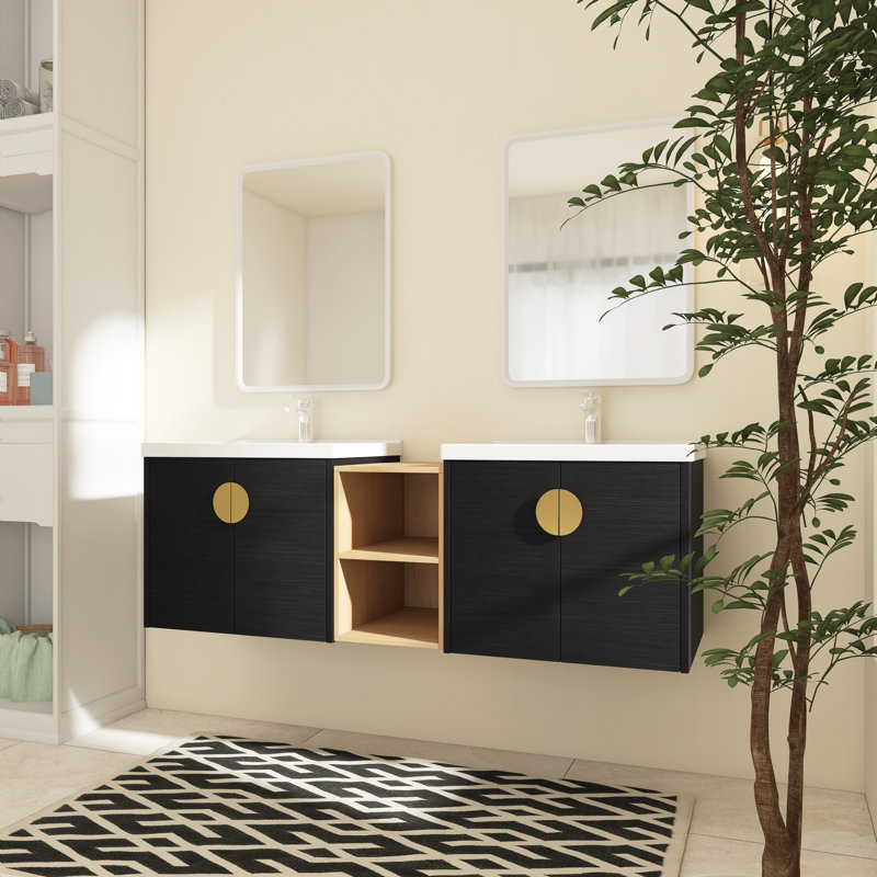 Meuble-lavabo double 59,6 po avec plateau en céramique Makeena, Noir