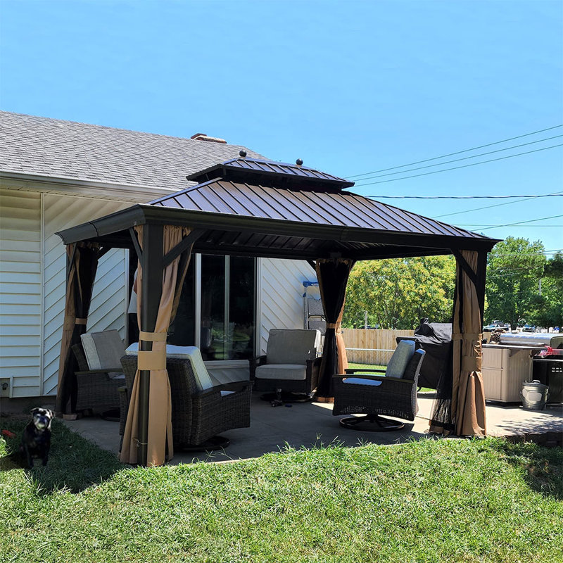 Pavillon de jardin à toit rigide 10 pi x 14 pi avec rideaux et filet pour mauve robuste