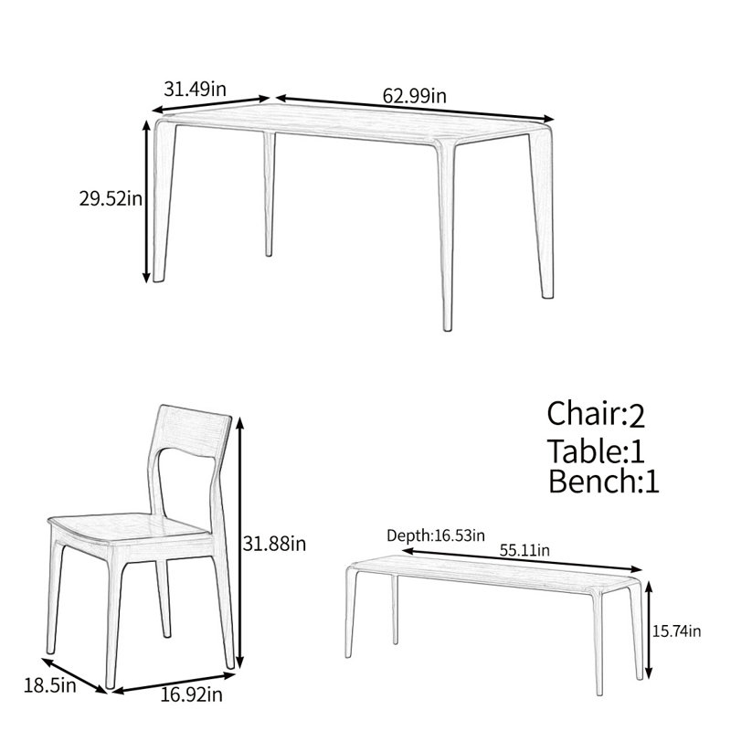 Elegant and practical table set, 29.52"H x 62.99"L x 31.49"W