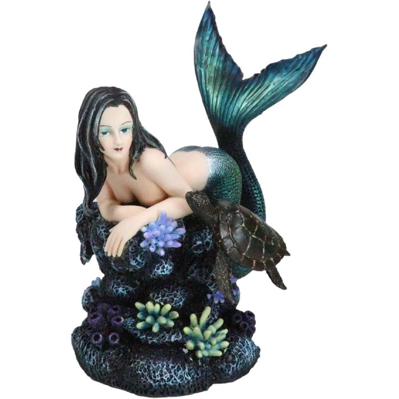 Statue sirène sirène avec queue irisée et compagnon de tortue par Coral Rocks