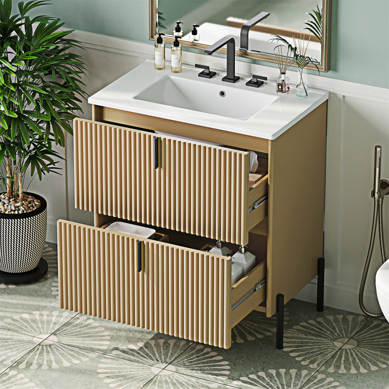 Meuble-lavabo autoportant avec lavabo en céramique, Naturel