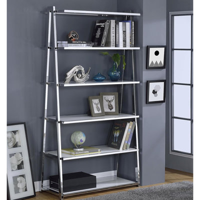 6 White High Gloss Wooden Bookcase With Open Back Metal Frame, Great For Academic Books, 35.25 In Depth, 15.72 Width, 71.44 Height, 84.84 Lb Weight Display Bookshelf Frame And Back, Ideal Or Study,