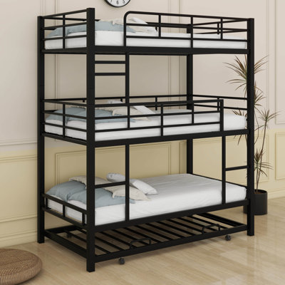 Triple Bunk Bed With Trundle Guardrail & Ladder Twin Size Metal