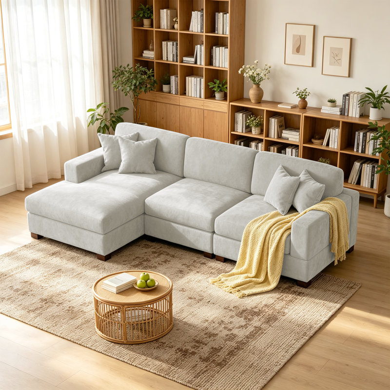 3 - Piece Upholstered Offwhite Chenille Modular Sectional Sofa with Armrests & Throw Pillows, Left Hand Facing