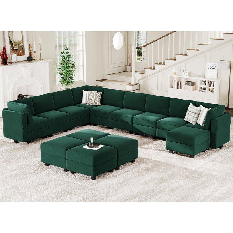 Wylodene 169.4" Wide Velvet Reversible Modular Corner Sectional with Ottoman, Green Velvet