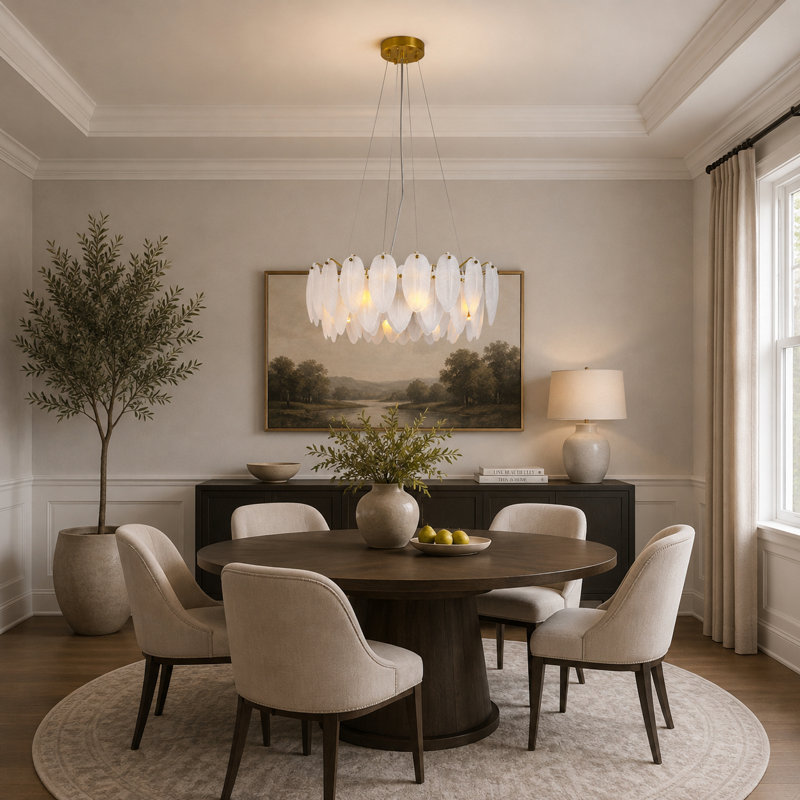Lustre en laiton 16 lumières avec feuilles de verre blanc givré