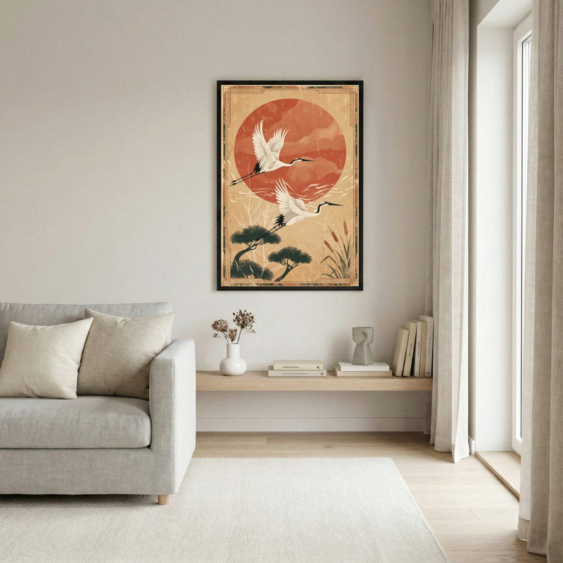 Toile noire encadrée en bois noir pour le salon, la chambre à coucher, le bureau ou le vestibule - décoration murale décorative avec coucher de soleil grue