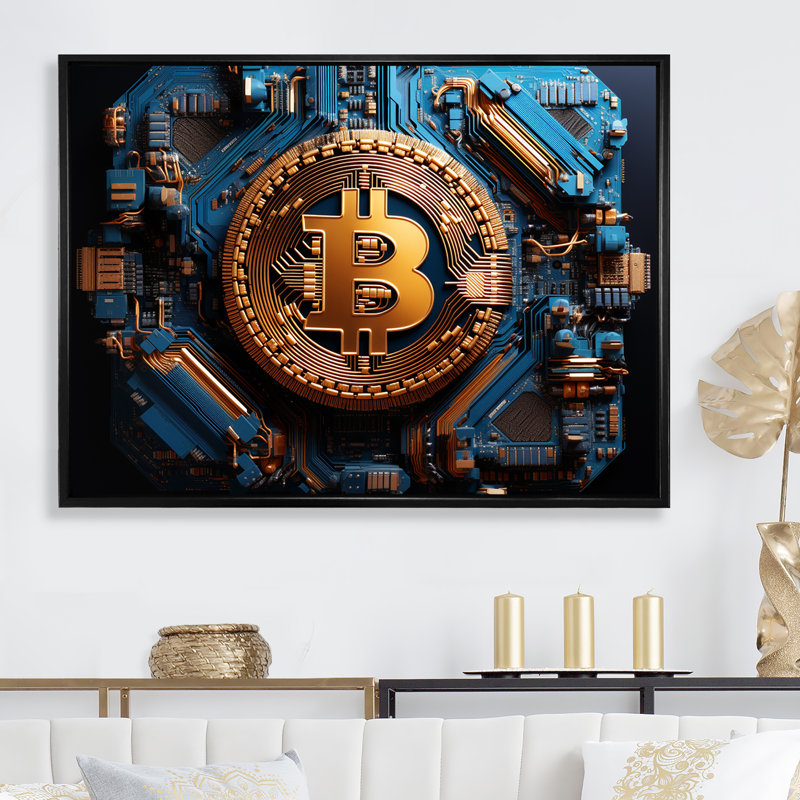 Azur, mode, Bitcoin - art mural mode, H 34 po x l 44 po x P 1,5 po, Cadre flottant noir