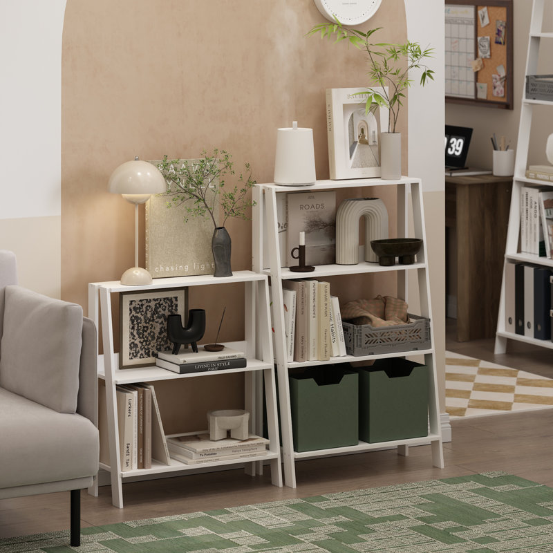 Casiana Ladder Bookcase, White, (3 Shelves) 27"H x 23.6"W x 9.3"D